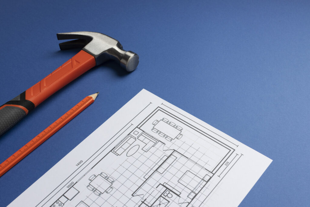 view steel hammer with other construction elements tools